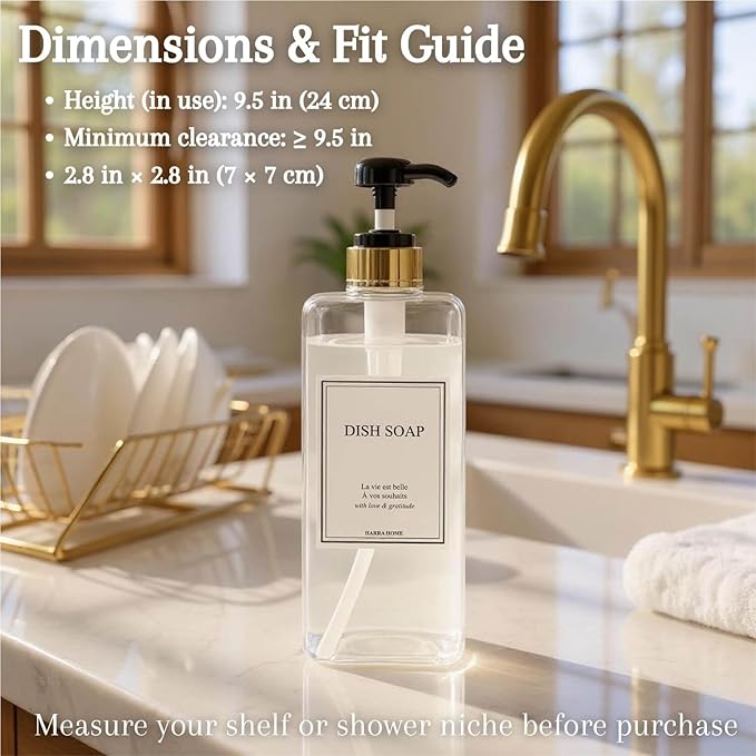 Modern Gold Design Large 27 oz Shampoo and Conditioner Dispensers - Empty Plastic Refillable Pump Bottle Set for Bathroom Shower Soap Dispenser, Set of 3 (Clear & Black)