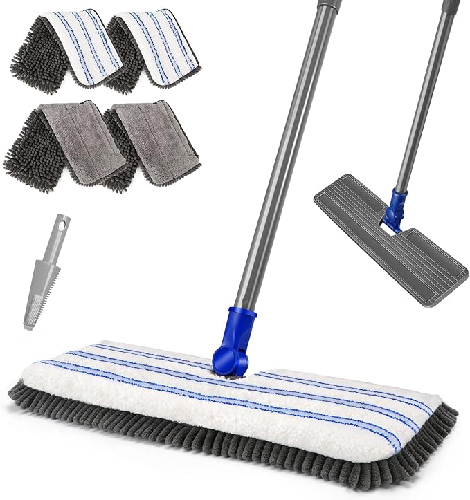 MASTERTOP Microfiber Dust Mop,Double-Sided Flat Mops for Hardwood Floors with 4 Reusable Mop Pads, Floor Mops with Stainless Steel Handle and Extension, Cleaner for Hardwood, Vinyl, Laminate, Tile