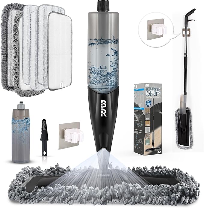 Microfiber Spray Mop for Floors Dry and Wet Mop with Dusting 360 Rotation for Kitchen, Hardwood, Laminate, Tile Floors Includes 6 Refill Heads, Scraper, Holder & Spray Bottle