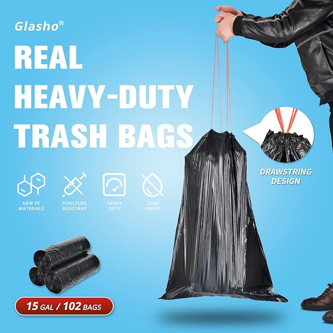 Ultra Strong 15 Gallon Drawstring Trash Bags (102 Count) Large Heavy Duty Thicken Plastic Tall Kitchen Garbage Bags Black for Kitchen Office Lawn Yard