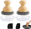 Cast Iron Scrubber and Scraper,Chain Mail Cleaner with Bamboo Handle & Draining Tray,316 Stainless Steel Brush for Cleaning Pots,Pans,Wok,Bakeware,Griddles, Grills(Large Chain Mail,2pcs)