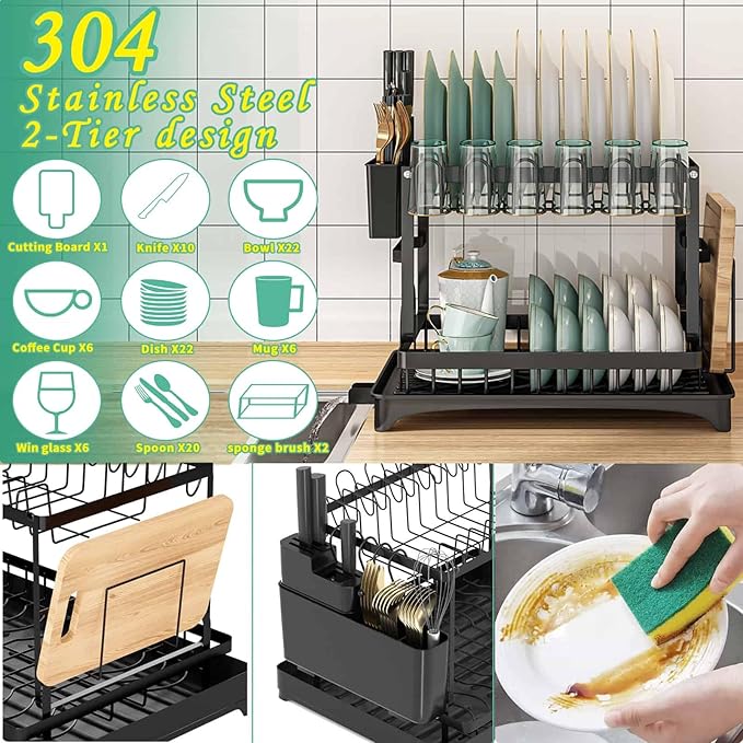 Dish Drying Rack, 2 Tier Large Dish Drying Rack for Kitchen Counter with Drainboard Stainless Steel Dish Drainer for Dish/Knifes/Cup/Cutting Board, Black