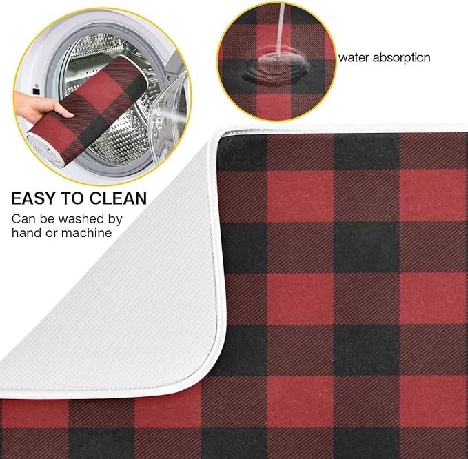 Red and Black Buffalo Plaid Dish Drying Mat 16x18 for Kitchen Merry Christmas Winter Xmas Dishes Pad Dish Drainer Rack Mats Absorbent Fast Dry Kitchen Accessories