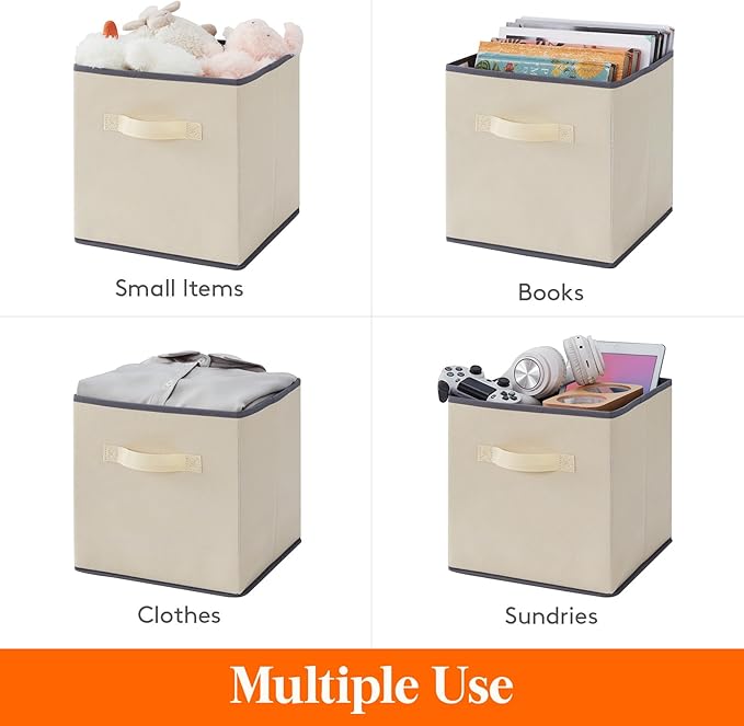 Lifewit 12 Packs Storage Cubes, 11 Inch Cube Storage Bins, Foldable Decorative Fabric Storage Baskets for Organizing Home Organizers with Handles for Shelves, Closet,Beige