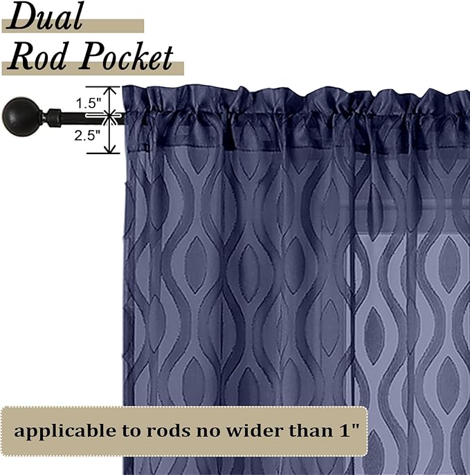 Aiyufeng Navy Blue Curtains 72 Inches Long 2 Panels Set, Elegant Light Filtering Transparent Curtain Draperies for Bedroom Living Room, Classic Clip Solid Wavy Line Door Curtains, 40" Wx72 L Inch