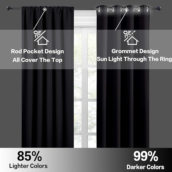 RYB HOME Small Window Curtains Blackout - Privacy Energy Saving Insulating Curtains Blinds for Bedroom Bathroom Basement Kids Nursery Kitchen, W 34 x L 48 inches, Black, 2 Panels