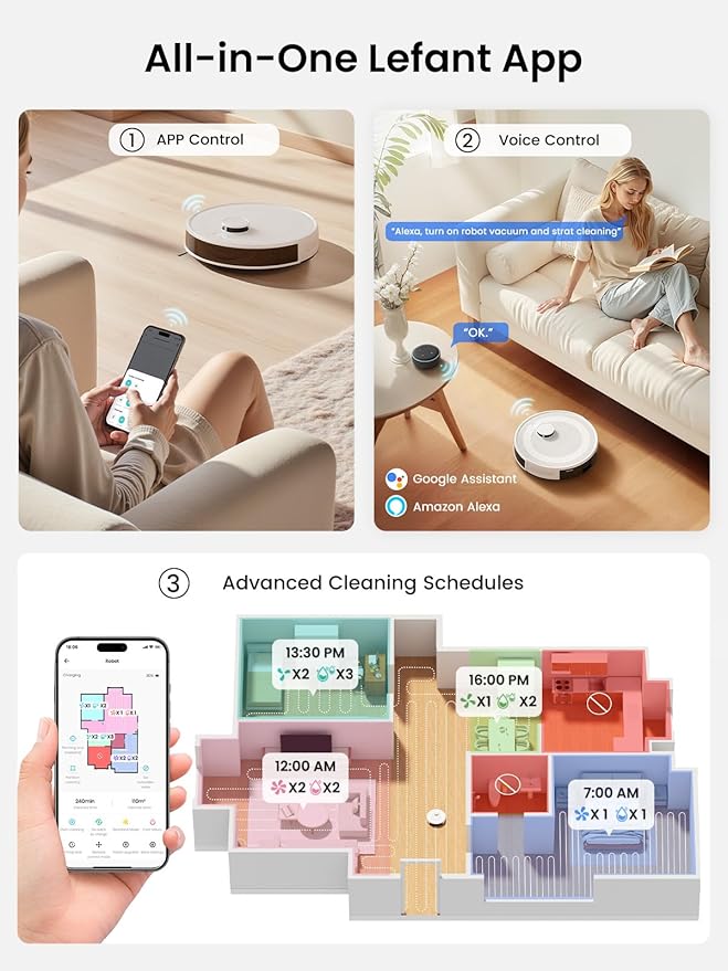 Lefant M2L Plus LiDAR Robot Vacuum and Mop, 190° PSD Obstacle Avoidance, 6000Pa Strong Suction, 45-Day Capacity, Multi-Floor Mapping, 130 Min Runtime, WiFi/Alexa/APP/iWatch