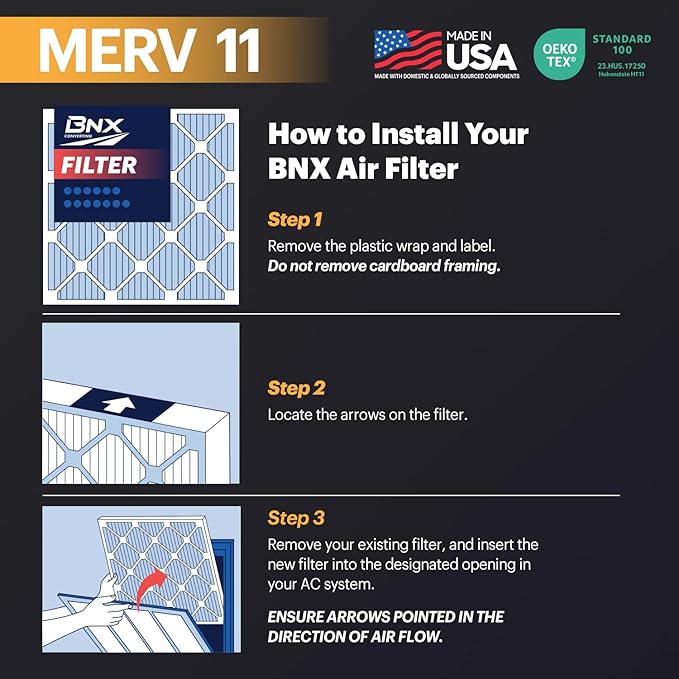 BNX TruFilter 14x14x1 Air Filter MERV 11 (6-Pack) - MADE IN USA - Allergen Defense Electrostatic Pleated Air Conditioner HVAC AC Furnace Filters for Allergies, Dust, Pet, Smoke, Allergy MPR 1200 FPR 7