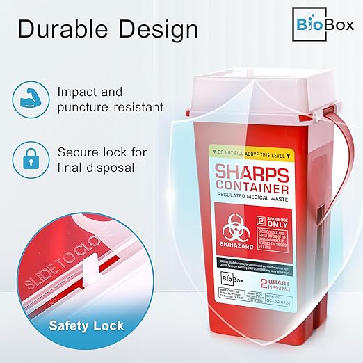 Sharps Container Large - Sharps Containers for Home Use and Labs - Portable Needle Disposal and Travel Size Biohazard Bin - 2 Quart (Pack of 5)