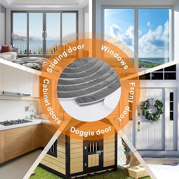 69FT Brush Weather Stripping, Neat Pile Self Adhesive Seal Strip for Windows and Door, Weatherstrip for Soundproofing, Windproof, Dustproof, Stronger Stickiness, 0.35'' Wide x 0.2'' Thick, Grey