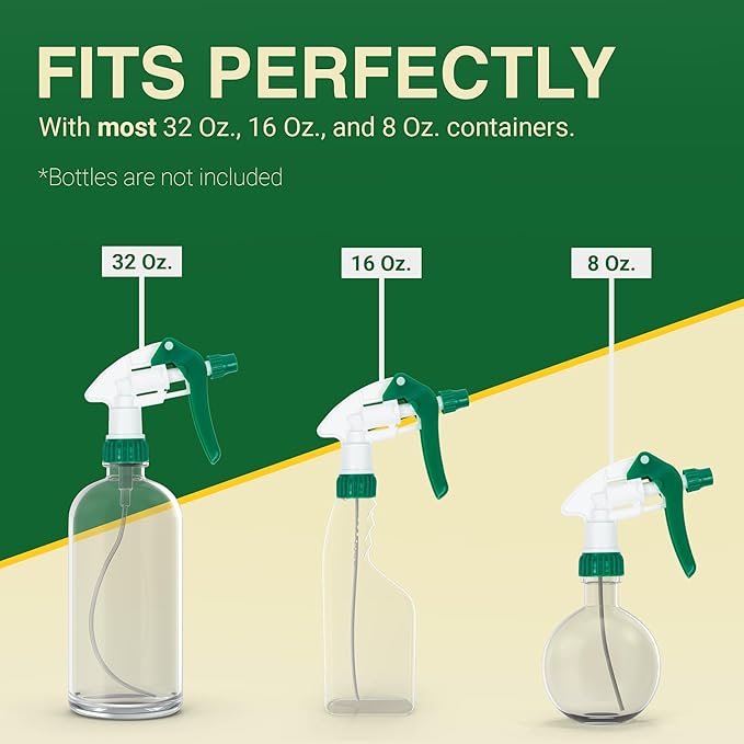 Heluva Green Spray Bottle Nozzle Replacement, Bottle Tops Only - Sprayer Nozzle Triggers for Heavy Duty, Commercial, Home Cleaning Solutions - Fits 8,16,24,32 oz Plastic & Glass Bottles, Green 6 Pack