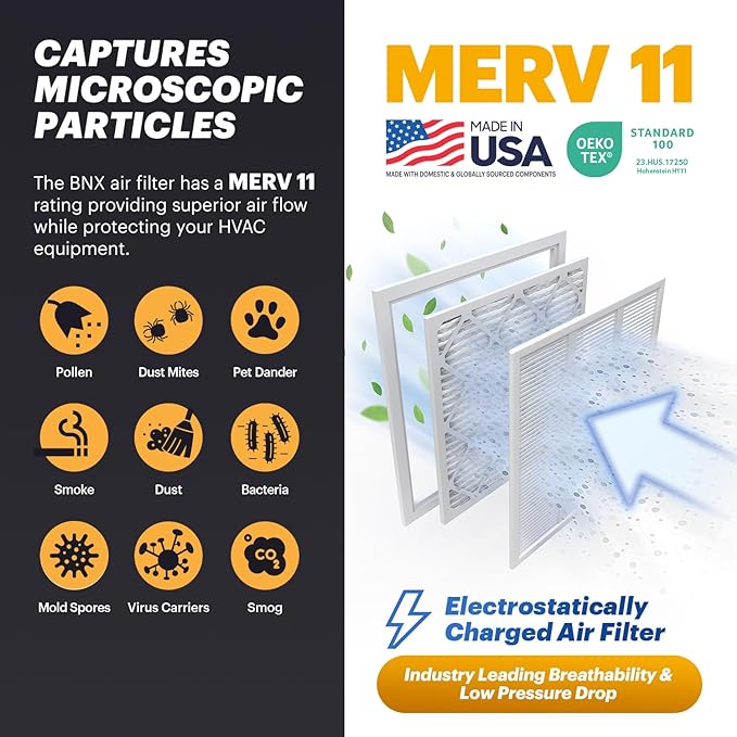 BNX TruFilter 14x14x1 Air Filter MERV 11 (6-Pack) - MADE IN USA - Allergen Defense Electrostatic Pleated Air Conditioner HVAC AC Furnace Filters for Allergies, Dust, Pet, Smoke, Allergy MPR 1200 FPR 7