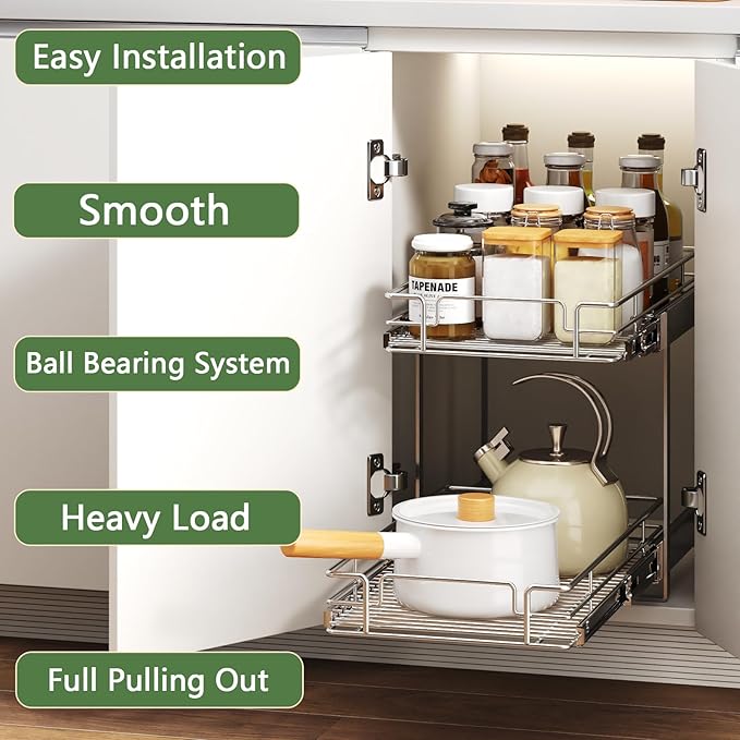 2 Tier Individual Pull Out Cabinet Organizer 13½" W x 18" D, Heavy Duty Cabinet Pull Out Shelves, Slide Out Drawers Organization for Kitchen Cabinets Bathroom