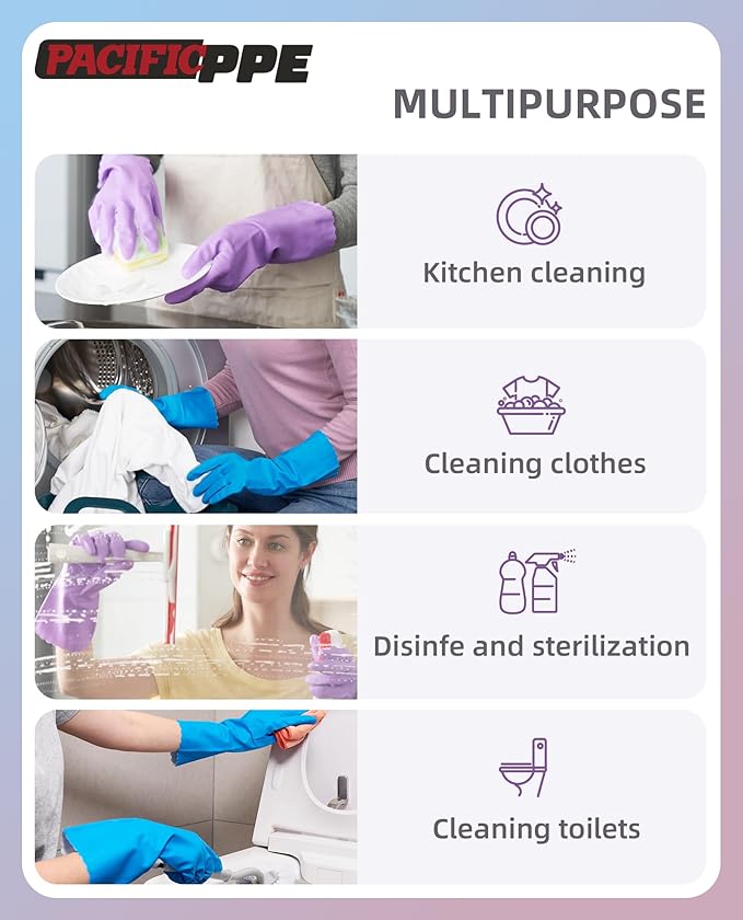 PACIFIC PPE 2 Pairs Reusable Dishwashing Cleaning Gloves with Latex Free, Cotton Lining, Kitchen Gloves, Blue, Medium