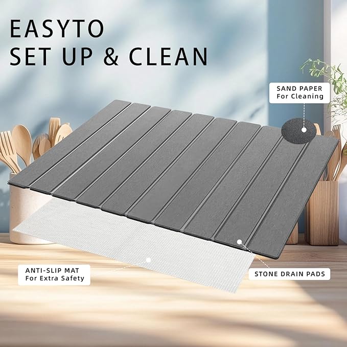 Stone Drying Mat for Kitchen Counter, Collapsible Dish Drying Mat, Fast Drying Diatomaceous Earth Dish Drying Mats, Water Absorbent Diatomite Kitchen Mat （Dark gray, small size）