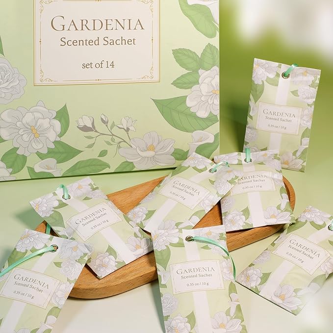 SCENTORINI Scented Sachets for Drawers and Closets, Gardenia Scent 14 Pack, Long-Lasting Sachets Bags Wardrobe Freshener, for Shoe Wardrobe, Cupboard