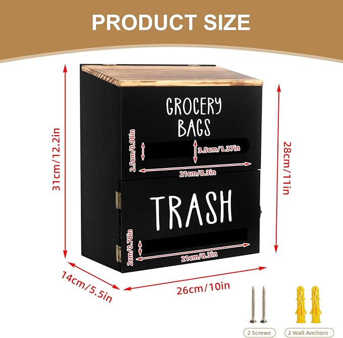 2 in 1 Trash Bag Dispenser, Double Wall Mounted,Wood Trash Bag Holder, Used in Kitchen, Garage, Laundry Room, can Store Environmentally Friendly Food Bags and Garbage Bags (Black)