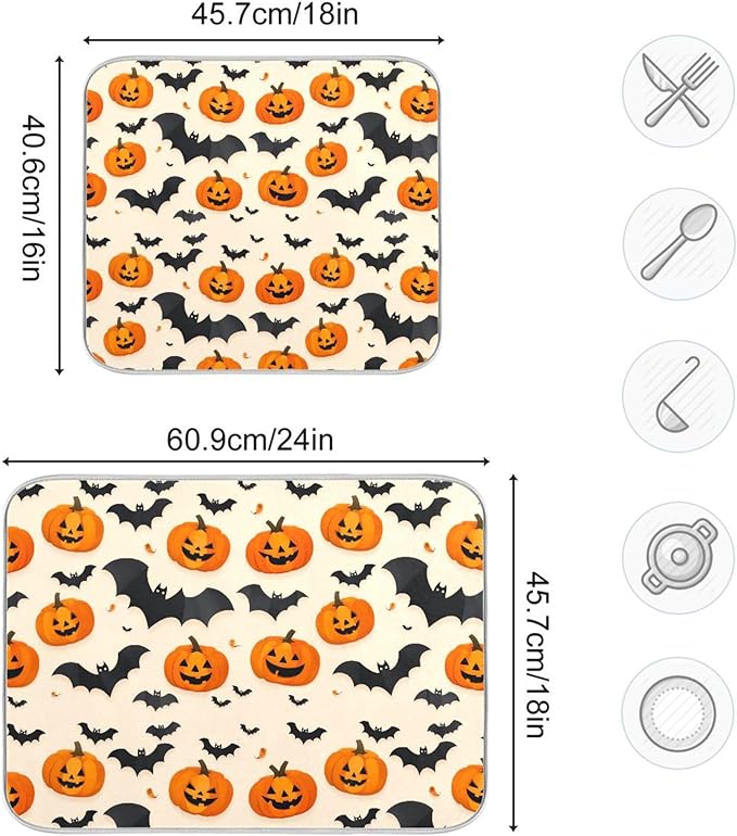 Halloween Black Bat Dish Drying Mat for Kitchen Countertop 16x18 Spooky Evil Pumpkin Lantern Small Drying Mat Reusable Quick Dry Dish Sink Mats Easy Clean Decorative Essentials