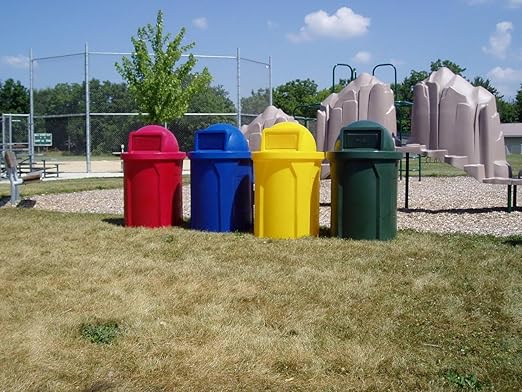 42 Gallon Round 100% Recycled Plastic Heavy-Duty Commercial Outdoor and Indoor Trash Can with Push Open Dome Lid and Internal Liner | Great for Schools and Businesses - Brown