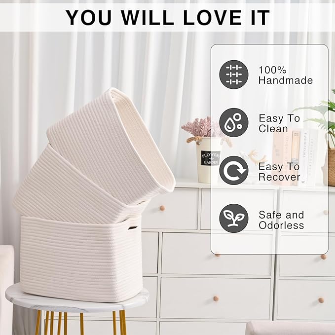 Storage Baskets for Organizing Shelves, Woven Cotton Rope Bins for Baby Nursery Organization, Book Toy Towel Organizer, 15"x11"x9.5", 3 Packs, Off White