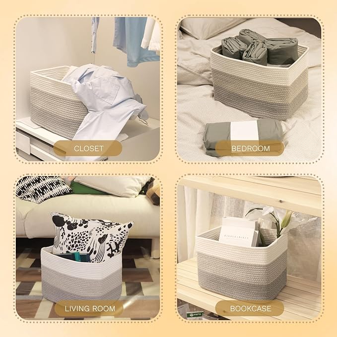 Hopegiver Woven Storage Baskets 15x11x10 Inch, 1 Pack Collapsible Cube Storage Bin for Shelves - Foldable Cotton Rope Organizer Bins for Towels, Toys, Books, Closet, Nursery (White Light-Gray Gray)