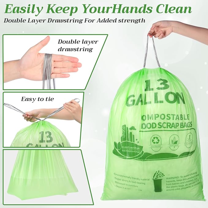 Amyhill 100 Count Compostable Kitchen Trash Bags 13 Gallon Compostable Drawstring Kitchen Waste Garbage Bags 49.2 Liter, 1.575 Mil for Bathroom Home Bedroom Office Garbage