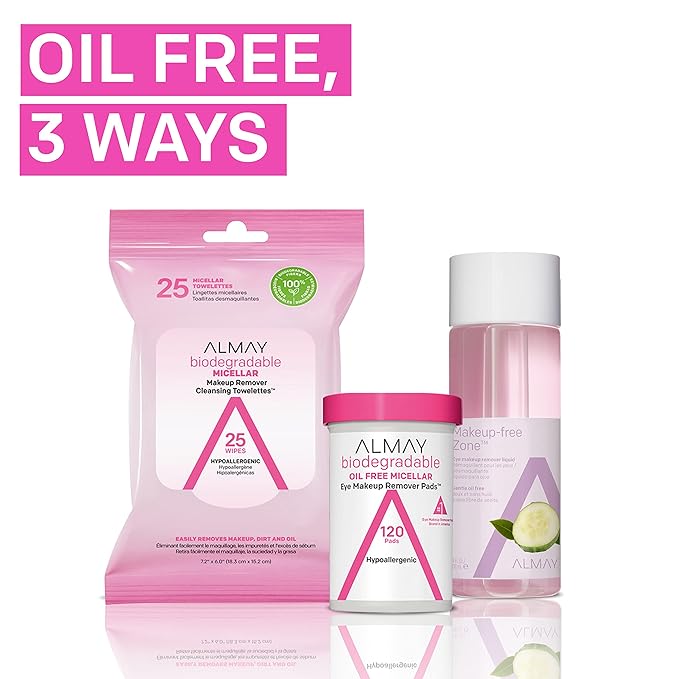 Almay Biodegradable Makeup Remover Pads, Micellar Gentle, Hypoallergenic, Fragrance-Free, Dermatologist & Ophthalmologist Tested, 120 Count