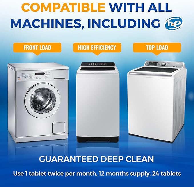 Washing Machine Cleaner Tablets 24 pack Powerful Descaler -Deep Cleaning for HE Front Loader & Top Load Washer Septic Safe Eco-Friendly Deodorizer Clean Drum & Laundry Tub Seal- Year's Supply