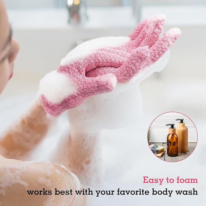 Evridwear Exfoliating Gloves for Shower, 100% Nylon Thick Soft Medium Heavy Bathing Gloves Dead Skin Remover Body Scrubber Smooth Skin with Hang Loop, 2 Pairs Moderate Pink