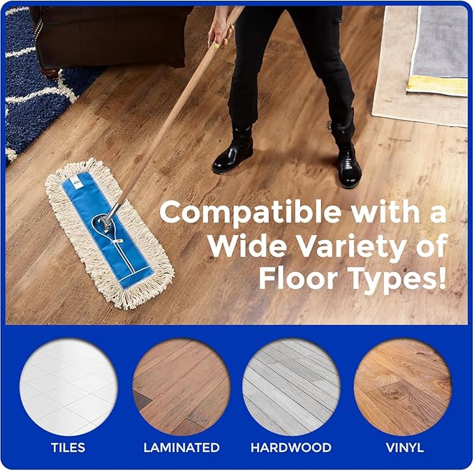 Nine Forty 48" Premium Cotton Dust Mop Kit - Heavy Duty Mop Head with Wood Handle for Industrial, Commercial, and Residential Cleaning - Dry Floor Duster for Hardwood Surfaces - White