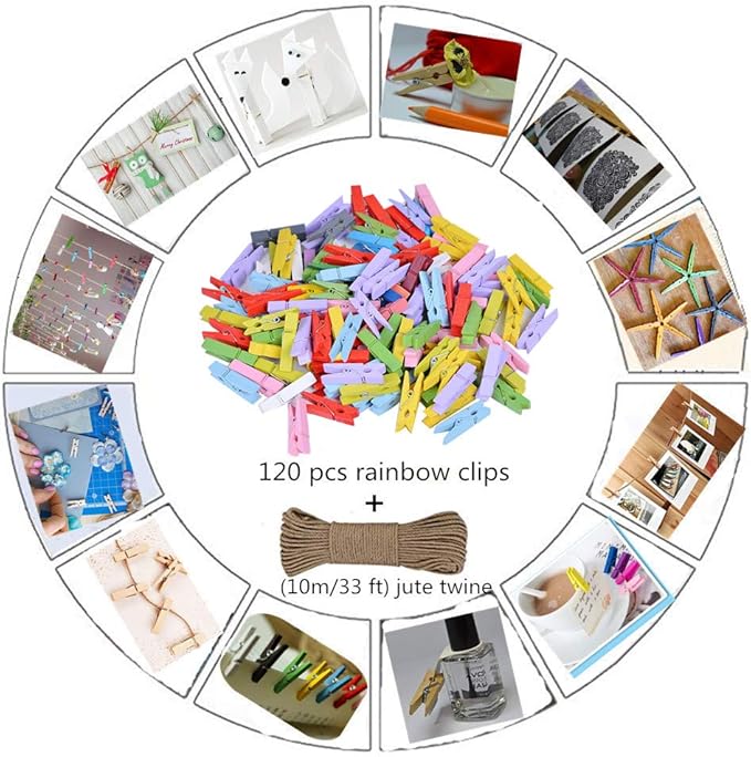 DurReus Small Clothespins Decorations Display Art Project Wood Kitchen Clips Chip Bags Clothesline Pins with Twine Pack 50 White