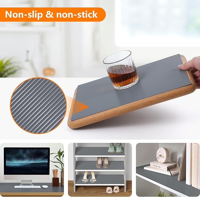 Shelf Liners for Kitchen Cabinets Drawer Liner Non Adhesive Cupboard Mat EVA Material Waterproof Refrigerator Mats Washable Fridge Liner for Cupboard and Desks Liner Gray 17.3 x 393.7 Inches