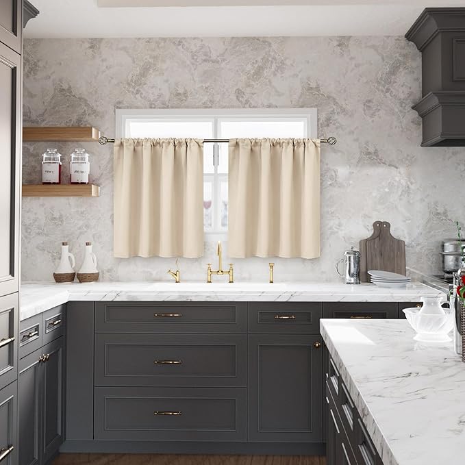 BGment Champagne Blackout Curtains 36 Inches Length for Kitchen Bedroom Window - Rod Pocket Short Darkening Drapes Privacy for Bathroom Basement Cafe, 2 Panels, 42 x 36 Inch