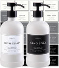 16oz Glass Soap Dispenser with Stainless Steel Pump, 21 Waterproof Labels, Non-Slip Protective Silicone Pad, Set of 2 for Bathroom & Kitchen (Matte White Bottle/Black Pump)