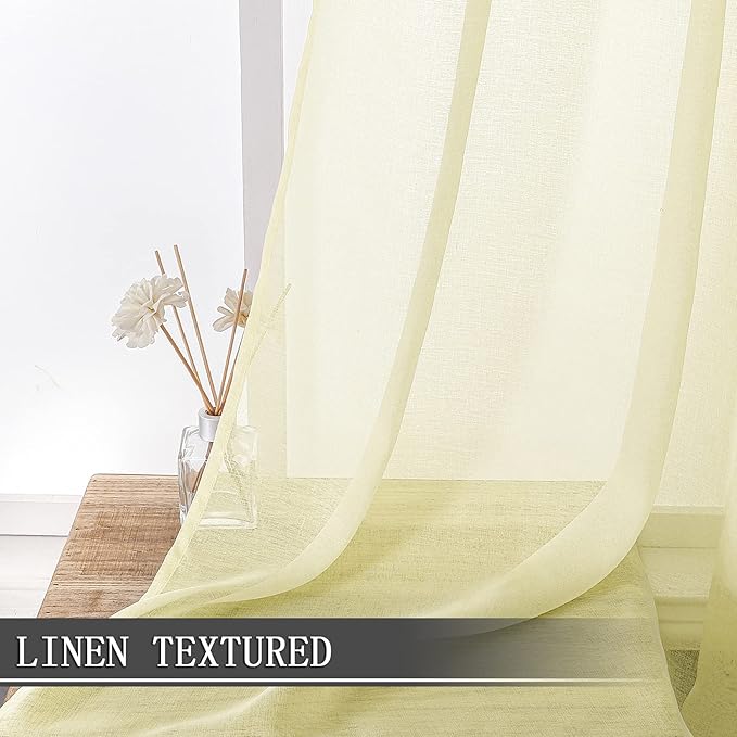 Tollpiz Short Sheer Curtain Linen Textured Living Room Curtains Sheer Light Filtering Rod Pocket Voile Curtain for Bedroom, 42 x 54 inches Long, Transparent Yellow, Set of 2 Panels