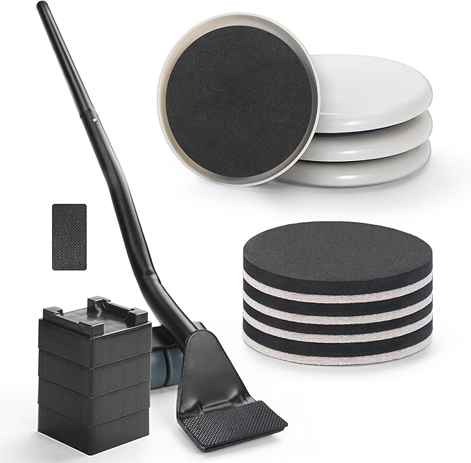 Furniture Lifter Tool + 8-Pack of 3.5" Sliders, Save 80% Effort, Safely and Easily, The Lift and Glide Tool Set for Heavy Furniture and Appliances, Reusable Moving Pads, Floor Protectors for Carpet