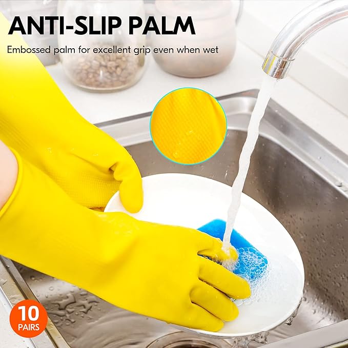 Vgo... 10-Pairs Reusable Household Gloves, Rubber Dishwashing gloves, Extra Thickness, Long Sleeves, Kitchen Cleaning, Working, Painting, Gardening, Pet Care (Size S, Yellow, HH4601)