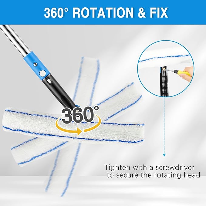 75'' Window Squeegee Cleaner Tool, Professional Window Cleaning Kit for Glass with 360° Rotation & Extension Pole- Glass Cleaner Tool with Scrubber for Windows,Glass,Bathroom,Shower