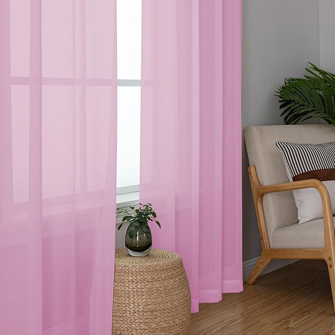 Chyhomenyc Pink Sheer Curtains 54 Inch Long 2 Panels, Light Filtering Rod Pocket Voile Short Curtains Drapes for Living Room Bedroom Small Windows, 42Wx45L Inches