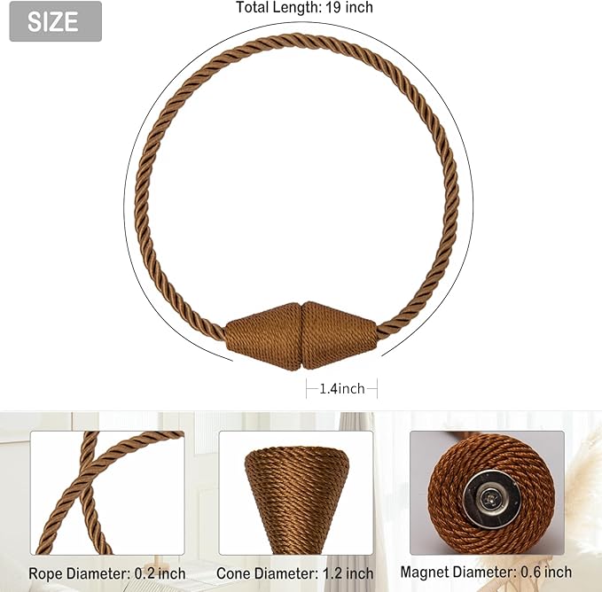 Magnetic Curtain Tiebacks 8 Pack Outdoor Rope Curtain Tie Backs Decorative Window Treatment Holdbacks for Home Decorative Curtain, Khaki