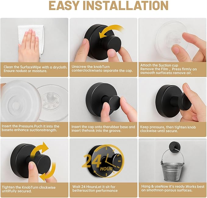 4 Pcs Suction Cup Hooks for Shower，Removable Hooks，Towel Hook，Suction Hook for Bathroom, Bedroom, Glass Window (Black)
