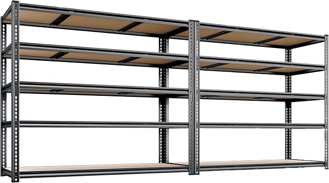 48"W Garage Shelving, 3050LBS Storage Shelves heavy duty, 5 Tier Metal Shelving Unit Adjustable Garage Shelves Heavy Duty Shelving for Warehouse,Commercial, Kitchen, 48" W × 24" D × 72" H, Black，2PCS