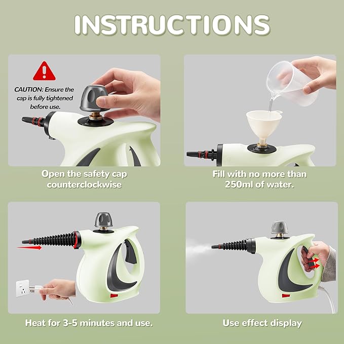 Spurgehom Handheld Steam Cleaner, Portable Steamer with Large Capacity,11-Piece Accessory Set for Floor, Car, Carpet, Upholstery, Couch, Tile, Windows Cleaning (Green)