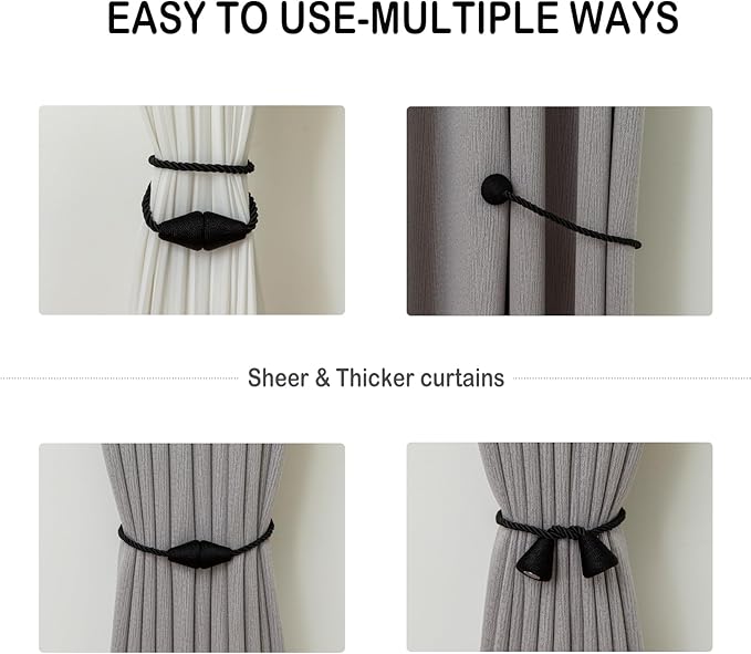 Magnetic Curtain Tiebacks 6 Pack Outdoor Rope Curtain Tie Backs Decorative Window Treatment Holdbacks for Home Decorative Curtain, Black