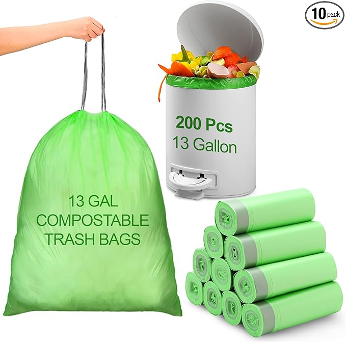200 Count 13 Gallon Compostable Trash Bags with Drawstring Heavy Duty Extra Thick 1 Mil Kitchen Food Scrap Waste Bag Tear Resistant for Lawn Yard Home Kitchen Office