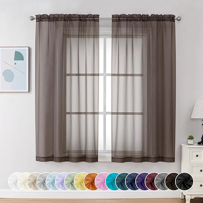 Chyhomenyc Chocolate Brown Sheer Curtains 54 Inch Long 2 Panels, Light Filtering Rod Pocket Voile Short Curtains Drapes for Living Room Bedroom Small Windows, 42Wx45L Inches
