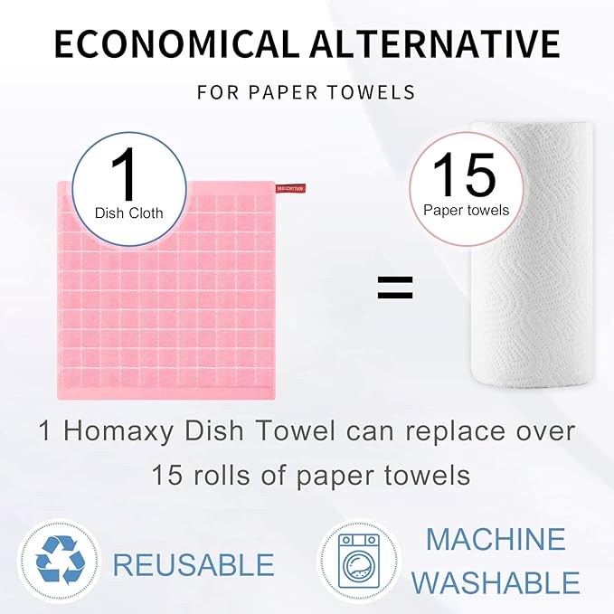 Homaxy 100% Cotton Terry Kitchen Dish Cloths, Ultra Soft and Absorbent Dish Towels for Kitchen, Suitable for Drying and Washing Dishes, 6 Pack, 12 x 12 Inches, Pink