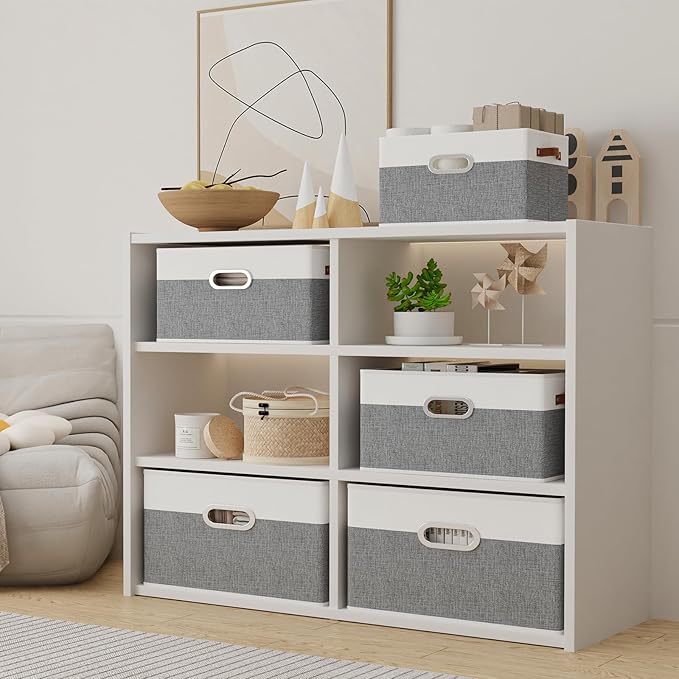 Yawinhe Foldable Storage Baskets for Shelves, Fabric Closet Organizers, Bins with 3 Handles, Cubes for Clothes, White/Grey, 15''Lx9.8''Wx8.3''H, 4-Pack