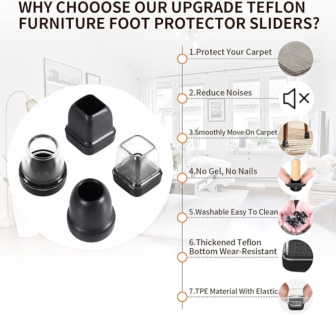Ezprotekt 24 Pcs Chair Leg Sliders for Carpet, Square Black Teflon Furniture Glides Protectors Covers, Bar Stool Carpet Sliders Caps for Chair Table Desk Couch Legs (S Fit: 0.55"- 0.75")