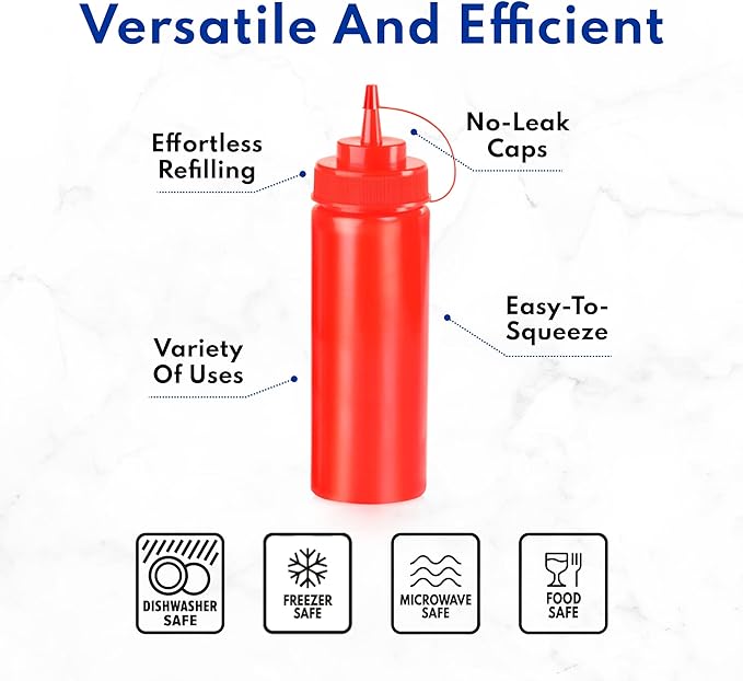 New Star Foodservice Squeeze Bottles, Plastic, Wide Mouth, 16 oz, Red, Pack of 6